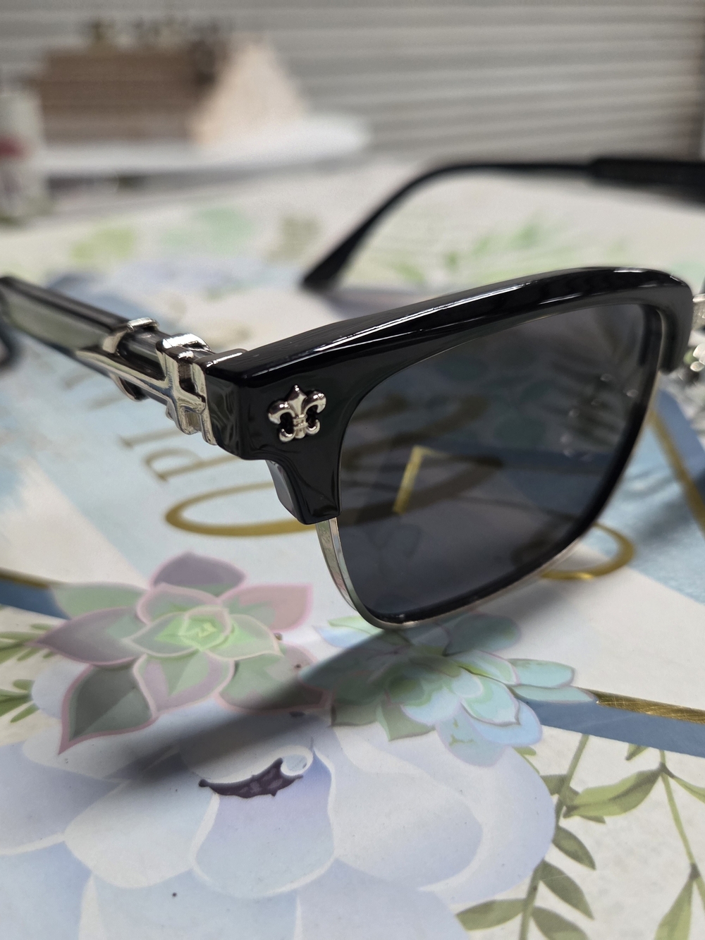 Chrome Hearts UNISEX Black Cat-Eye Sunglasses with Silver Fleur-de-Lis Accent